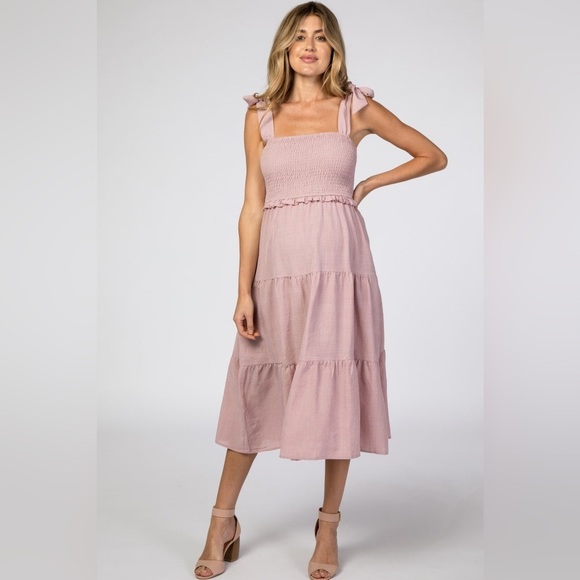 Pinkblush smocked tiered midi dress bow tie straps nwt - Picture 1 of 7